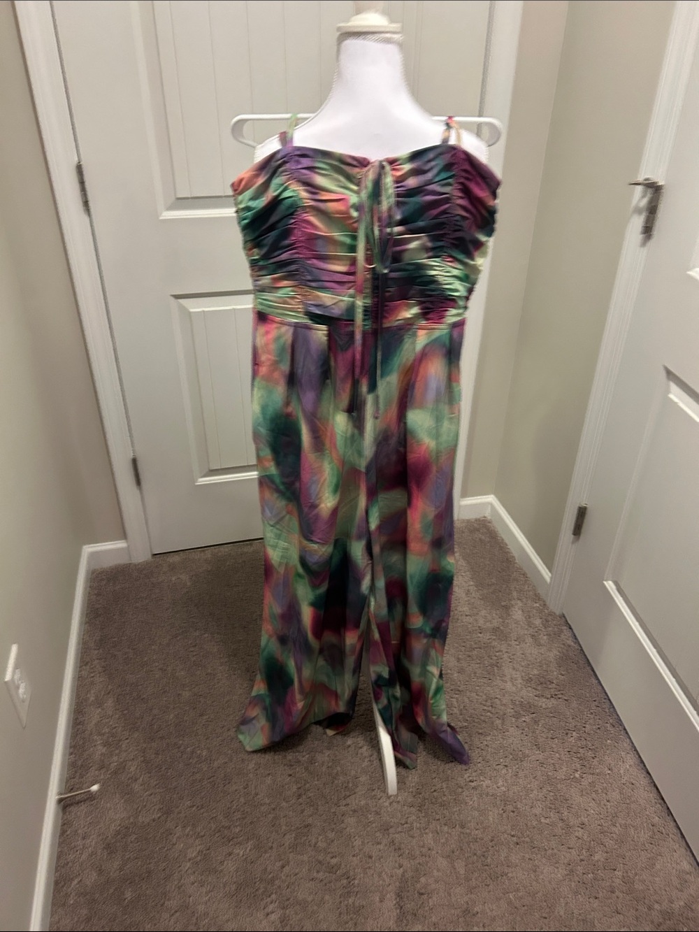 –
Athleta-Alicia Keys Multi-Color Satin Wide-Leg Jumpsuit with Tie Bodice